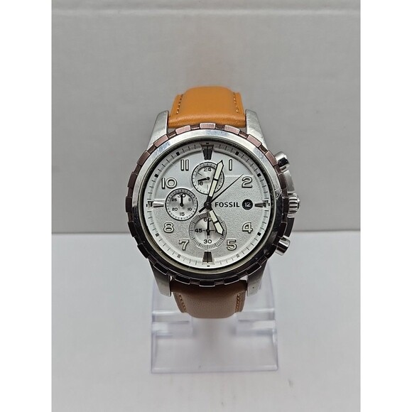 Fossil Dean FS4543 Chronograph Silver Tone Watch Leather 47mm Quartz New Battery - Picture 1 of 14